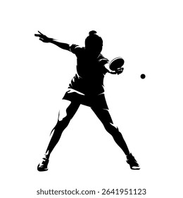 Table tennis player, woman playing ping pong, front view, isolated vector silhouette. Sports