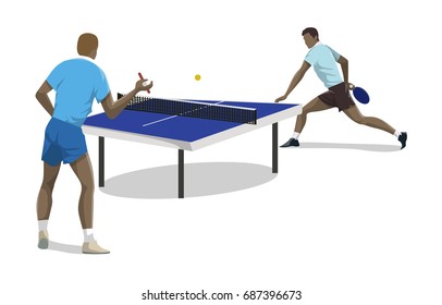 Table tennis players on white background. Two men competing.