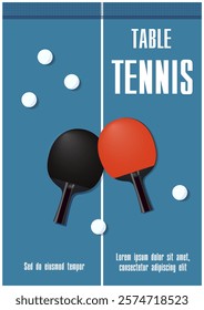 Table tennis. Poster, layout, poster. Tennis table with net, rackets and balls. Space for text. Flat design.