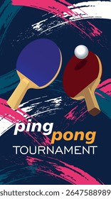 Table tennis poster, rackets and ball, background texture brush strokes. Ping pong tournament design, championship, sports school design, tennis club. Active lifestyle, sport, fitness