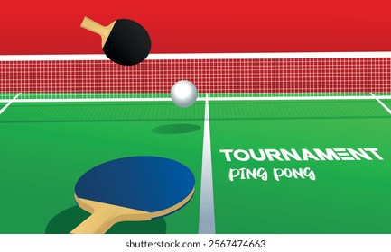 Table tennis poster. Two rackets, net and ping pong ball. Vector flat