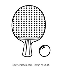 Table tennis racket and ball. Hand drawn ping pong paddle with dotted surface pattern. Black and white design for sport related icon, logo or educational material.