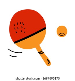 Tischtennisschläger mit Ballsymbol im flachen Stil einzeln auf weißem Hintergrund. Vektorillustration flach einfaches Tischtennissymbol. Sport-Illustration. Handgezeichneter Doodle-Stil.