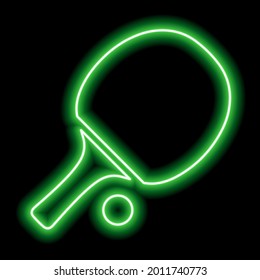 Table tennis racket and ball on a black background. Green neon outline. Vector icon illustration. Ping-pong