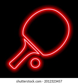 Table tennis racket and ball on a black background. Red neon outline. Vector icon illustration. Ping-pong