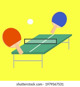 Table tennis racket and ball.Ping pong game.Net and paddles.Sport poster.Sign, symbol or logo isolated.Banner design.Relaxing and playing.Vector illustration.Cartoon concept.