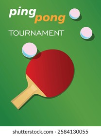 Table tennis racket and balls on green table. Poster vector graphics tournament ping pong