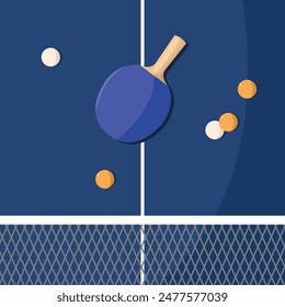 Raqueta de tenis de mesa y pelotas. Ilustración vectorial en estilo de diseño plano.