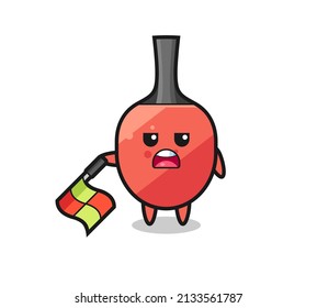 table tennis racket character as line judge hold the flag down at a 45 degree angle , cute style design for t shirt, sticker, logo element