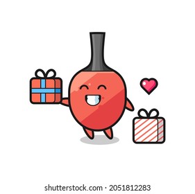 table tennis racket mascot cartoon giving the gift , cute style design for t shirt, sticker, logo element