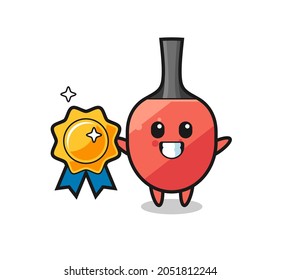 table tennis racket mascot illustration holding a golden badge , cute style design for t shirt, sticker, logo element