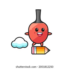 table tennis racket mascot illustration riding on a giant pencil , cute style design for t shirt, sticker, logo element