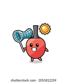 table tennis racket mascot illustration is catching butterfly , cute style design for t shirt, sticker, logo element