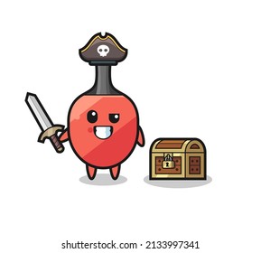 the table tennis racket pirate character holding sword beside a treasure box , cute style design for t shirt, sticker, logo element