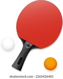 Table tennis racket and two balls with shadows on white background - vector illustration