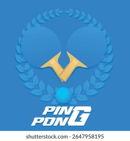 Table tennis rackets, ball, laurel wreath, blue background. Poster for ping pong tournament, professional competition, champion match winner, sports hobby, racket sport