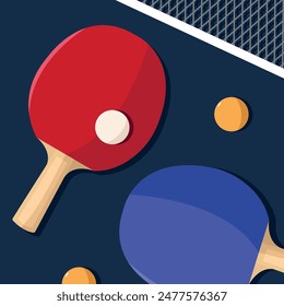 Table tennis rackets and balls on blue background. Flat style vector illustration.