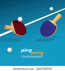 Table tennis rackets on a blue background. Poster ping pong table, two rackets and bad balls