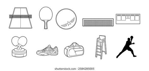 Table tennis related object outline vector set illustration