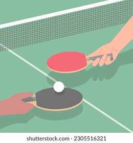 Table tennis scene with two hand people flat illustration. Hand hold table tennis racket on table tennis net vector, cartoon illustration.