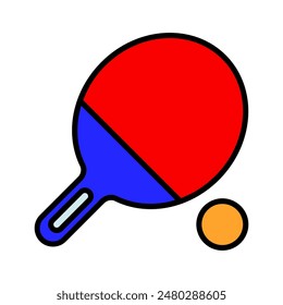 Table tennis set icon. Red and blue paddle, orange ball, sports equipment, game, competition, recreation, indoor activity, athletic.