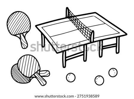 Table tennis set. Vector hand drawn sketch. Sports game with small rackets and balls. Mini arena with a net. Entertainment. Doodle line art graphic illustration.