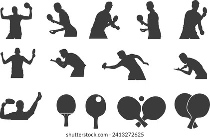 Table tennis silhouettes, Table tennis player silhouettes, Table tennis equipment silhouettes, Table tennis player vector. 
