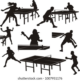 siluetas de tenis de mesa - jugadores en acción