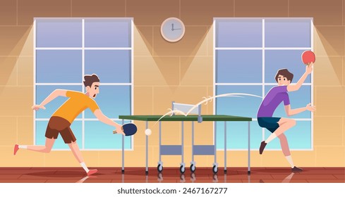 Table tennis. Sport background with active characters playing in ping pong game exact vector cartoon background