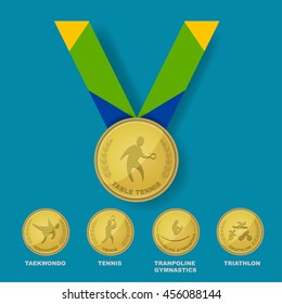 Table tennis sport icon on gold medal award with Brazilian color theme designed of ribbon and isolate of taekwondo, tennis, trampoline gymnastics and triathlon sport icons in vector illustration