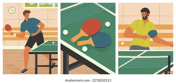 Juego de vectores de carteles deportivos de tenis de mesa. Dos hombres jugando al ping pong. Bolas y raquetas en la mesa de ping pong. Ilustración de concepto deportivo