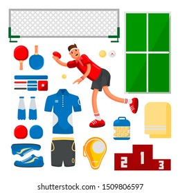 Table Tennis Sportsman Games Icon Set. Flat design Ping Pong Athlete and equipment. Ping pong equipment Set for Competition. Cartoon Ping pong player. Table tennis equipment.