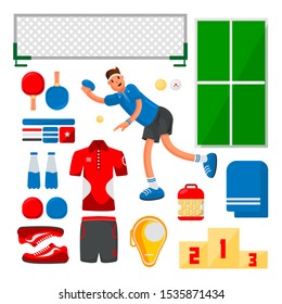 Table Tennis Sportsman Games Icon Set. Flat design Ping Pong Athlete and equipment. Ping pong eyuipment Set for Competition. Cartoon Ping pong player Table Tenni Vector Illustration.