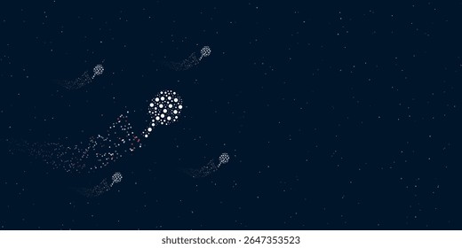 A table tennis symbol filled with dots flies through the stars leaving a trail behind. There are four small symbols around. Vector illustration on dark blue background with stars