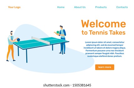 Table Tennis takes Landing Page Vector Template. Ping Pong Equipment Store Website Homepage Interface Idea with Flat Illustrations. Sport Hobby, Activity Web Banner, Webpage Cartoon Concept