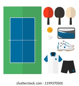 Table tennis things. Top view of court and 
male equipments like paddles, balls, shoes and others. Simple flat design style vector.