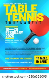 Table tennis tournament poster with racket, ball and place for your text - vector illustration