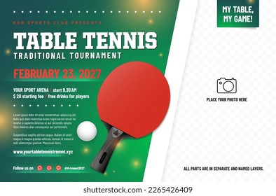 Table tennis tournament poster template with racket, ball and place for your photo - vector illustration