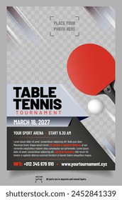 Table tennis tournament poster template with racket, ball and place for your photo - vector illustration