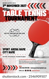 Table tennis tournament poster template with ball, racket, arrows, grungy and halftone elements and place for your photo - vector illustration