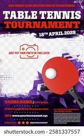 Table tennis tournament poster template with ball and racket, grungy elements and place for your photo - vector illustration