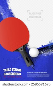 Table tennis tournament poster template with ball, racket, grungy background, copy space and place for your photo - vector illustration