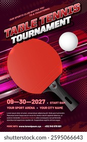 Table tennis tournament poster template with racket and ball - sample text in separate layer. Vector illustration.