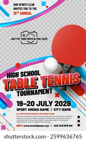 Table tennis tournament poster template with ball, racket graphic elements and place for your photo and text - vector illustration