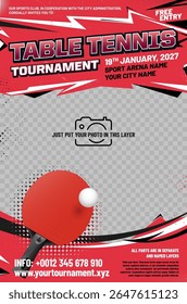 Table tennis tournament poster template with ball, racket, grungy and halftone elements and place for your photo - vector illustration