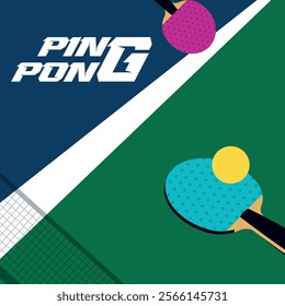 Table tennis tournament poster. Vector flat illustration ping pong. Ping pong table, paddles, ping pong ball and net