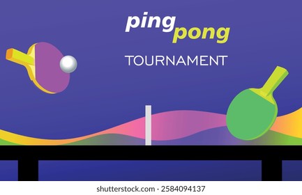 Table tennis tournament poster. Vector illustration of ping pong racket and ball on purple background