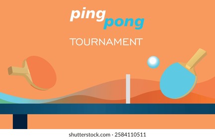 Table tennis tournament poster. Vector flat illustration of racket, ball, table and ping pong net. Concept
table tennis on orange background