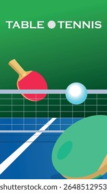 Table tennis, tournament, table, rackets, ball, net, poster design for the game. Flat design banner of the ping pong championship, sports school, sports store decor, fitness activity