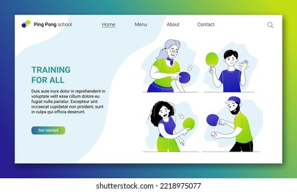 Entrenamiento de ping-pong para todas las plantillas de la página de aterrizaje. Escuela de ping pong, club deportivo, interfaz del sitio web del torneo. Gente haciendo ocio o compitiendo con dibujos animados de línea delgada ilustración vectorial